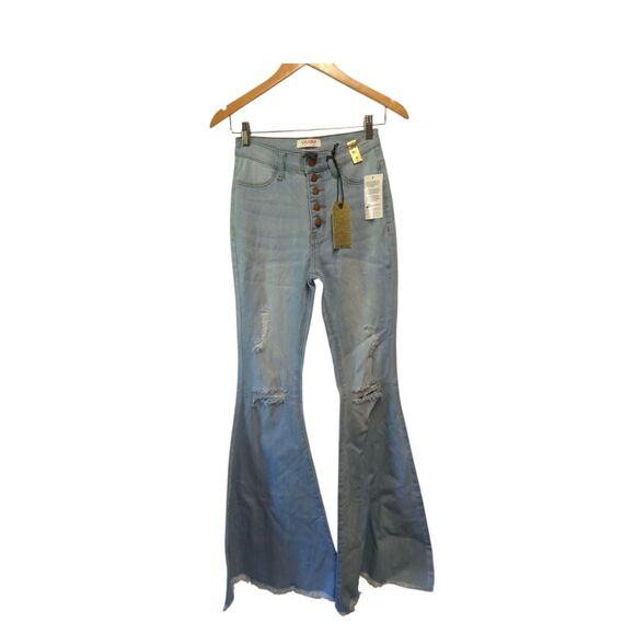 Vibrant MIU Jess High Waisted Distressed Button Fly Flare Jeans 5/26